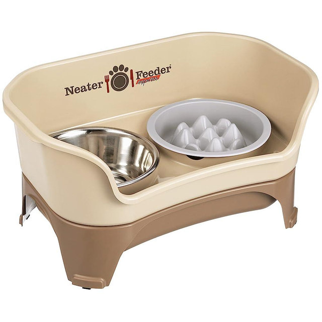 Neater Feeder Express for Medium to Large Dogs with The Niner Slow Feed Bowl - Mess Proof Pet Feeder with Stainless Steel Water Bowl & Nine Peak Slow Feeder - Drip Proof & Non-Tip - Cappuccino