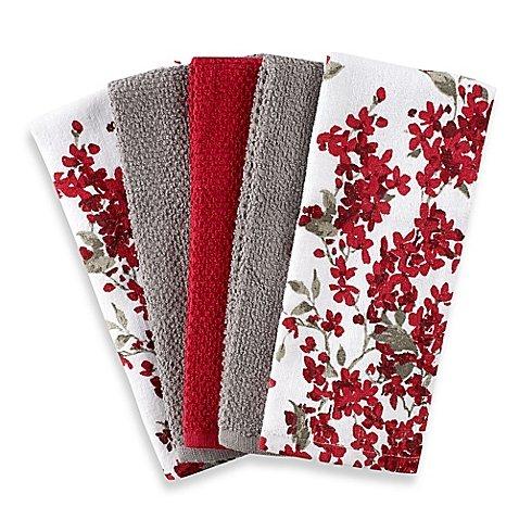 Cherry Blossom 5-Pack Kitchen Towel Set in Red/White | Each Towel Measures 16" L x 26" W