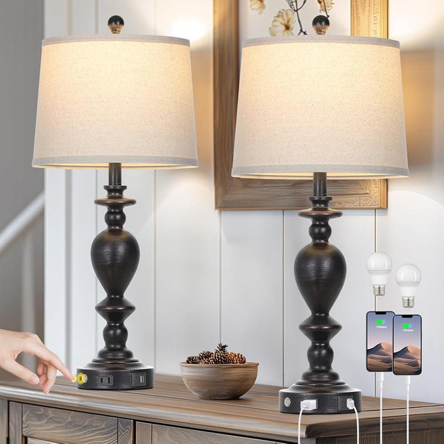 Cinkeda 28" Black Farmhouse Table Lamps Set of 2 with USB C+A Ports & AC Outlet for Vintage Living Room Rustic Bedroom,3-Way Dimmable Touch Lamp Retro Resin Bedside Lamps for Nightstand Side Table