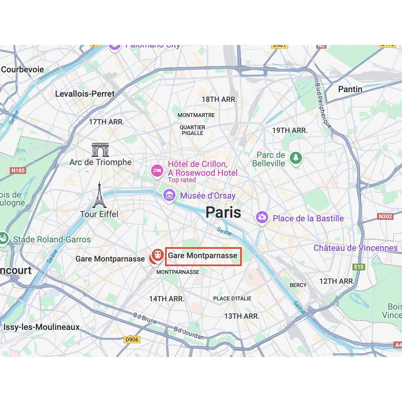 Paris map highlighting Gare Montparnasse (tgv train station)
