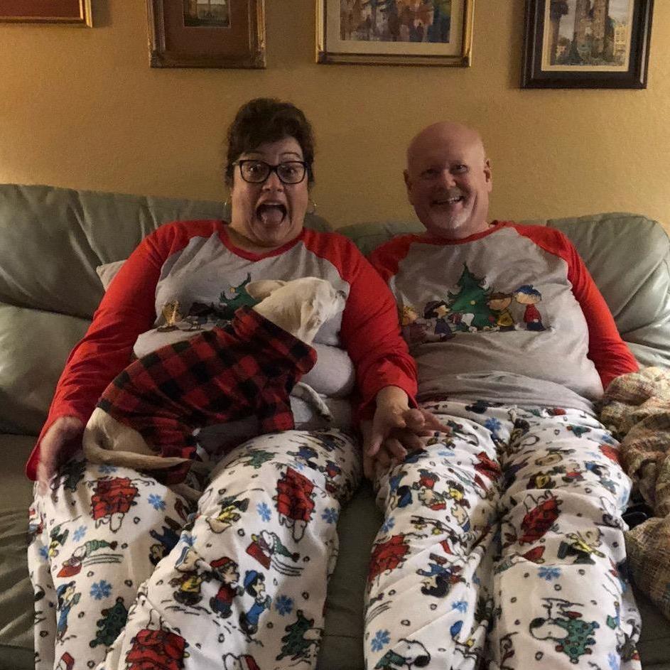 We just love our matching Christmas jammies!
Funny how we both love Snoopy and other comics!