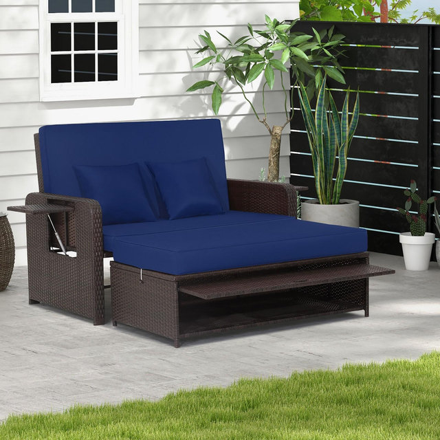 Costway Patio Rattan Loveseat Set Daybed Lounge Storage Ottoman Side Tables Adjust Navy