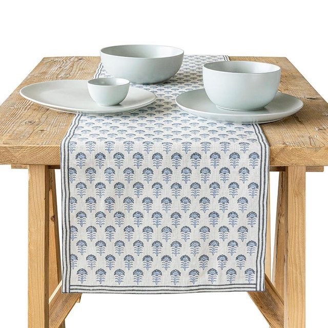 Over&Back 18x90 Hand-Blocked Printed Cotton Table Runner - Washable Table Runners for a Custom Home Decor Tablescape - Perfect for Coffee Table, Dinner Table, Living Room, and More - Blue Flower