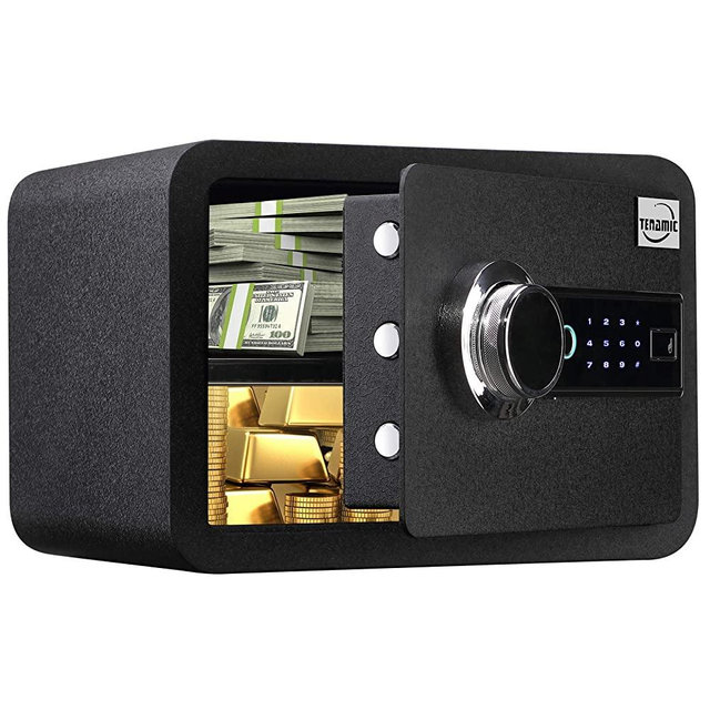 Tenamic Biometric Fingerprint Safe Box 0.85 Cubic Feet Electronic Touch Screen Keypad Security Box with Induction Light and Leather, Solid Alloy Steel Office Hotel Home Cabinet Safe, Black