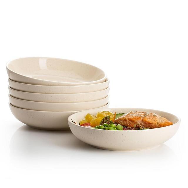 Sweese Large Salad Serving Bowls, 30 Ounce Porcelain Pasta Plates Set of 6, 8.4 Inch Pasta Bowls for Dinner, Salad - Microwave Dishwasher - Beige