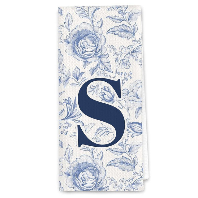 DSHFG Light Blue Kitchen Bathroom Hand Towels, Chinoiserie Floral Initial S Personalized Decorative Kitchen Towels Tea Towel Dish Towel, Christmas Brithday Gifts for Women Mom, 16x24 Inch