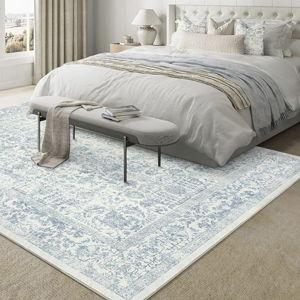 Blue Area Rug 9x6 Machine Washable Vintage Living Room Distressed Non Slip Carpet Traditional Indoor Bedroom Retro Floral Accent Throw Large Rug for Office Kitchen Dining Room