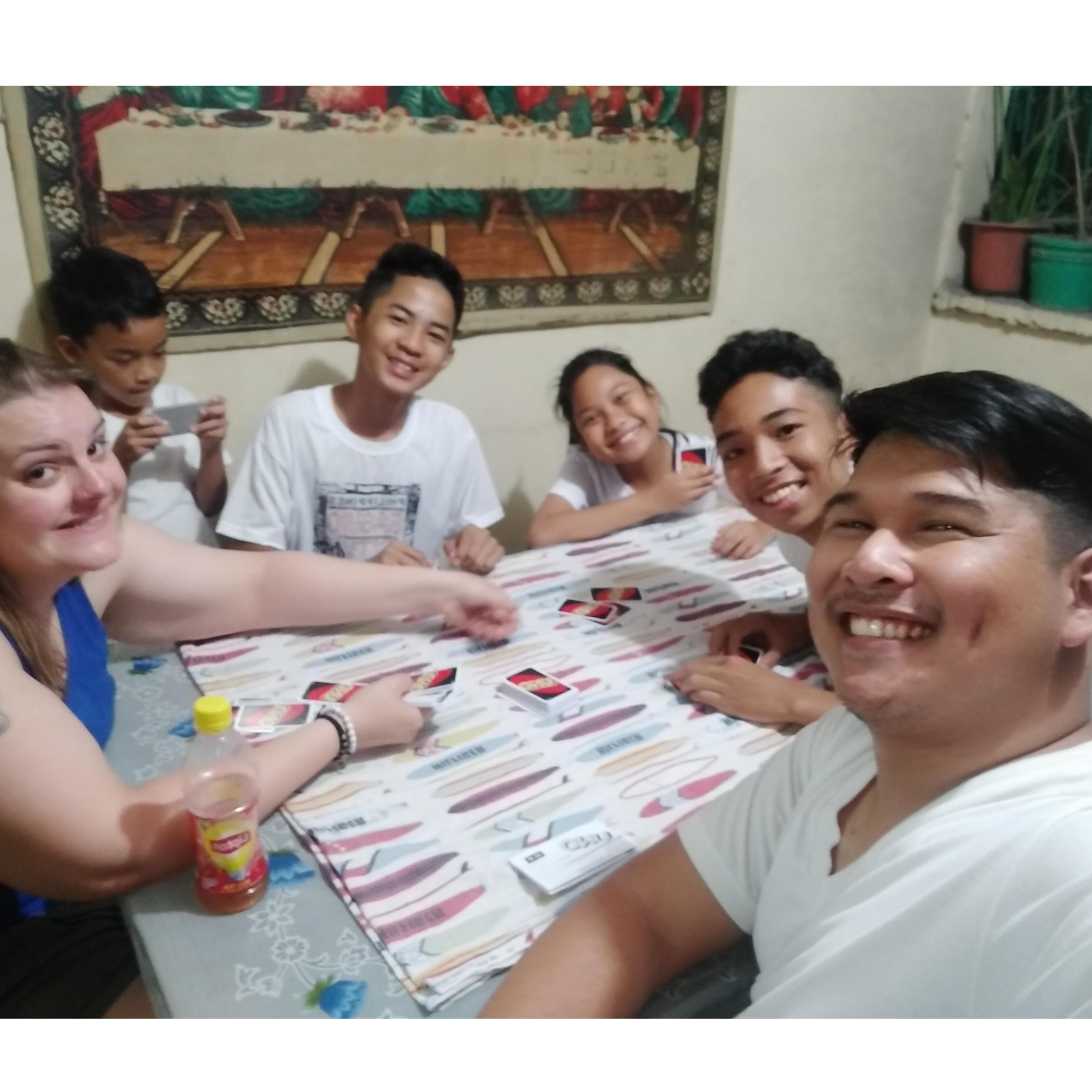 The kids enjoyed playing UNO and other games with their Auntie Crystal.  -Crystal, Eric, Nicole, Zen, Raymond