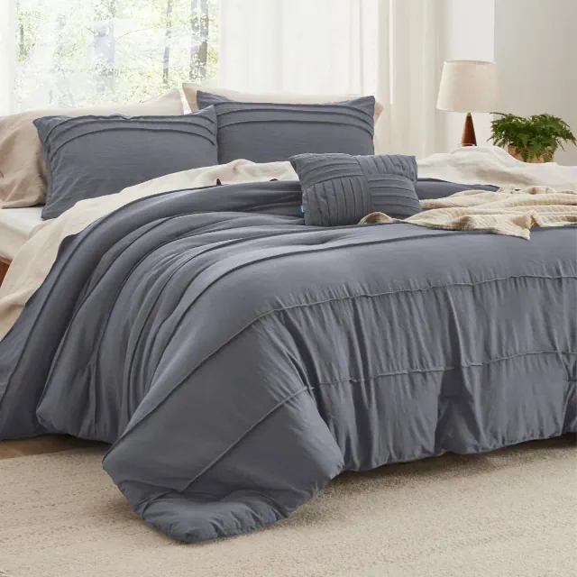 Bedsure California King Comforter Set 4 Piece Pinch Pleat Dark Grey Bedding OEKO-TEX Certified All Season Bed Set Ideal Christmas Gift