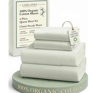 LANE LINEN 100% Organic Cotton Sheets Queen Size Bed Set, Machine Wash Eco Friendly Sustainably Produced Cotton Queen Sheet Set, Soft & Comfy Long Stabple Naturally Cooling Sheets– Mineral