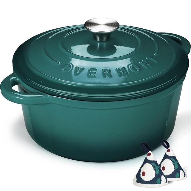 Overmont Enameled Cast Iron Dutch Oven - 7QT Pot with Lid Cookbook & Cotton Potholders - Heavy-Duty Cookware for Braising, Stews, Roasting, Bread Baking bottle green