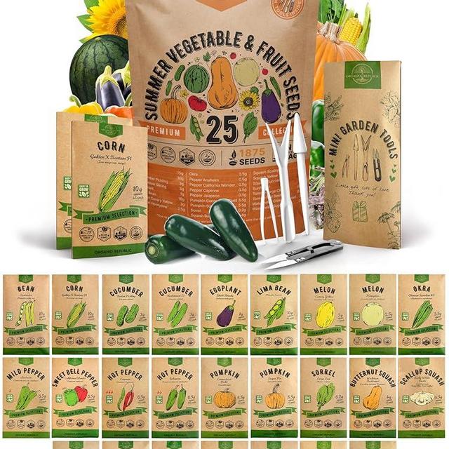 25 Summer Vegetable & Fruit Seeds Variety Pack - 1,870+ Non-GMO Heirloom Veggie & Fruits Seeds for Outdoors and Indoor Home Gardening, Including Collards, Tomato, Pepper, Okra, Onion, Bean, Cucumber