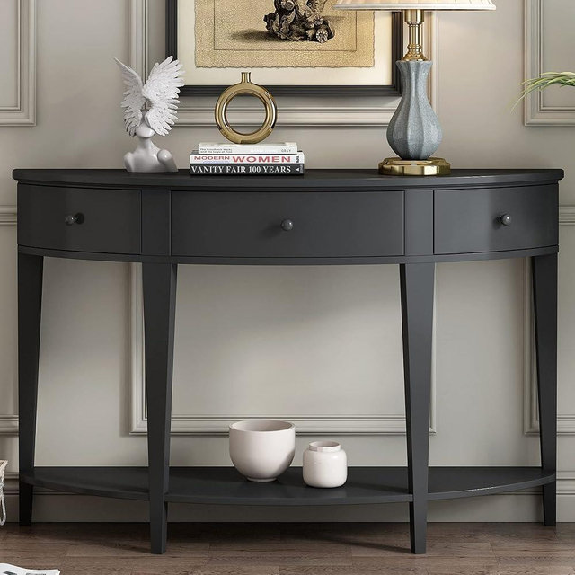 Modern Curved Console Table 51-Inch Half Moon Entry Sofa Table with Drawers and Open Storage Shelf for Living Room Entryway Hallway (Black)