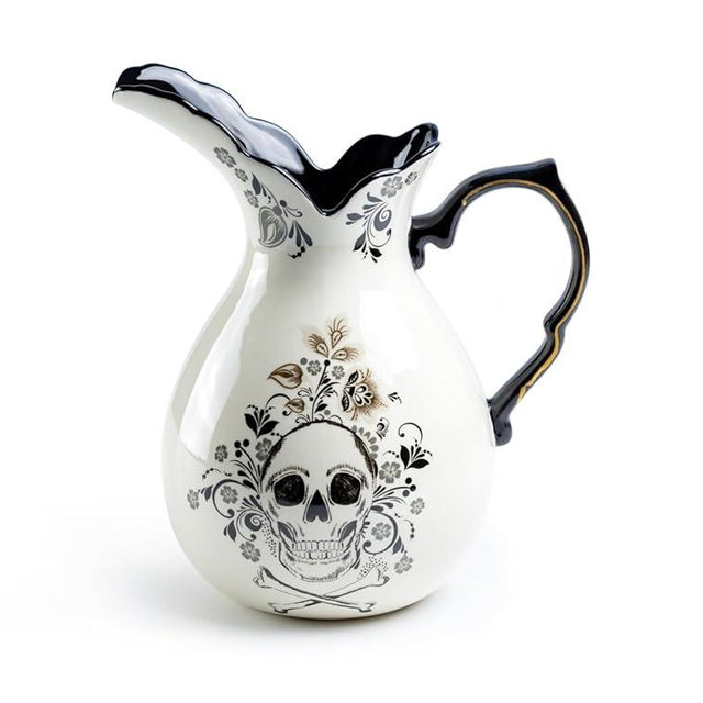 Gracie China Shop Halloween Gothic Skull Large Pitcher Black and Gold 2.8qt Capacity