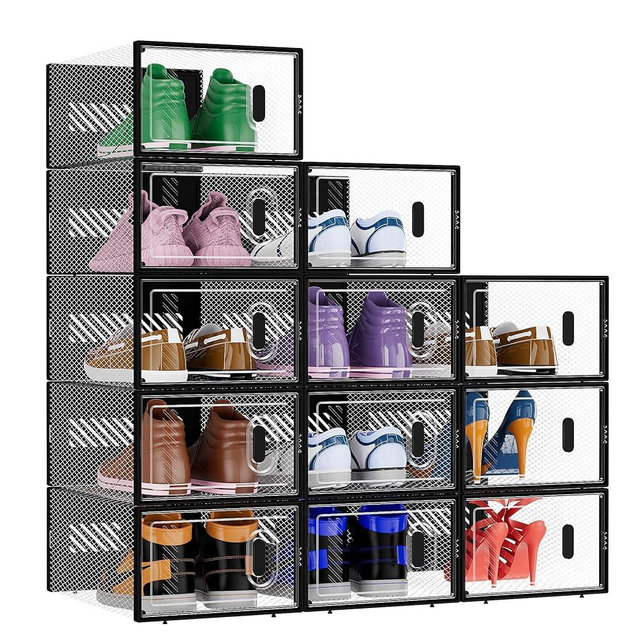 BALEINE 12 Pack Stackable Shoe Storage Boxes Fit Size 9, Thickened Clear Shoe Box Bins with Lids, Plastic Foldable Organizer Sneaker Storage Containers (Large, Black)