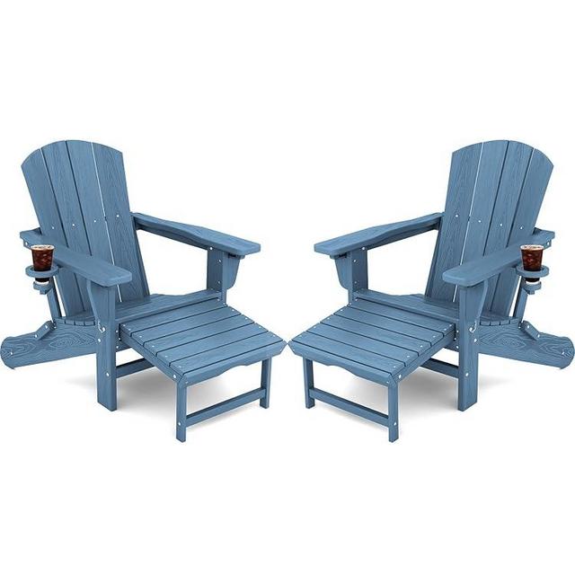 KINGYES Folding Adjustable Adirondack Chair with Retractable Ottoman Set of 2, HDPE Weather Resistance Adirondack Chair with Cup Holder, Wood-Like Reclining Versatile Adirondack Chair, Blue