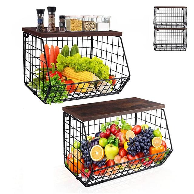 Mefirt 2pcs Kitchen Counter Basket Cabinet Organizer Basket Fruit Stand Basket for Countertop Metal Mesh Fruit and Vegetable Storage Wire Baskets Organizer, 8.5x7.9x11.8 inches