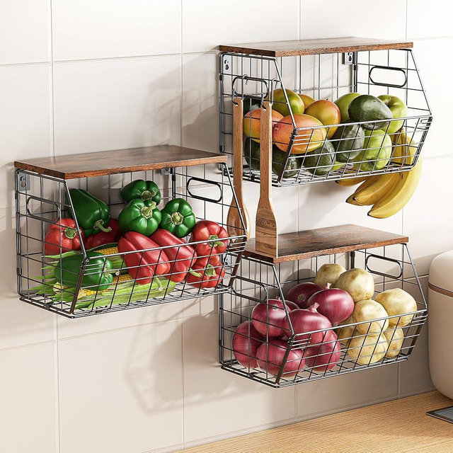 Delamu 3 Pack Stackable Metal Fruit Basket with Wood Lid-Wall Mounted&Countertop Organizer for Kitchen,Pantry- Ventilated Storage for Onions,Potatoes,Fruits,Spices,Black