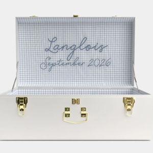 Grand Trunk - White box- Fabric: Picnic in Blue Thread Color: Light Gray Blue Line 1: Langlois Line 2: September 2026