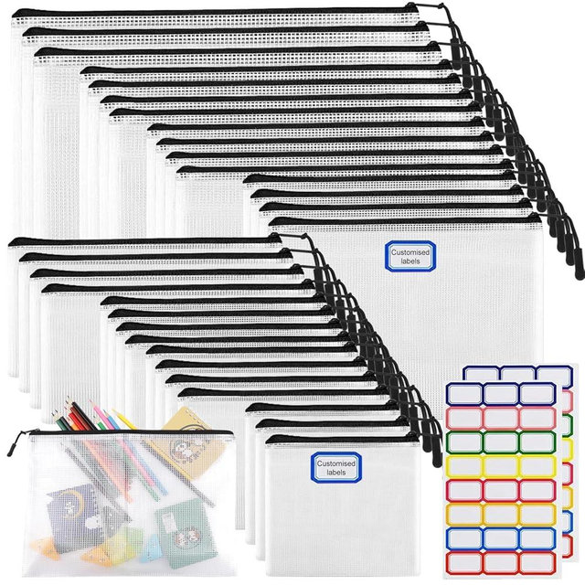 30pcs Multisize Mesh Zipper Pouch, YOPCDJ Lego Storage Organizer, 8 Sizes Waterproof Plastic Document Pouch, Bags for Travel Storage, Game, Office Supply and Home Organize