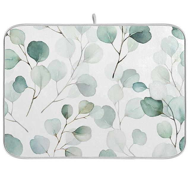 Sage Green Leaves Dish Drying Mat for Kitchen Counter Watercolor Branch Plant Drying Mat 18 x 24 Inch with High Absorbent Reversible Microfiber Dish Drying Pad Drainer Mat for Coffee Bar