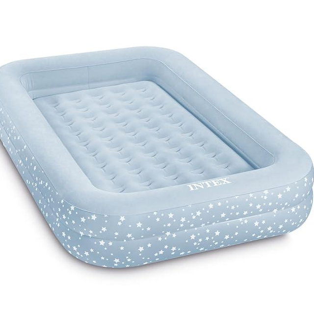 Intex 66810FL Inflatable Kidz Travel Bed Set, Includes Hand Pump and Carry Bag, Removable Mattress, Quick Inflation, Indoor Use, 42in x 66in x 10in, Blue with Star Print Frame