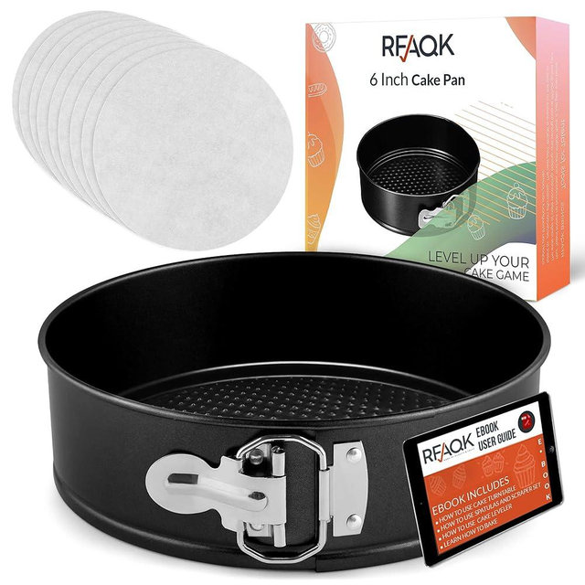 RFAQK Non-Stick 6 Inch Cake Pan with Removable Bottom - Leakproof Springform Pan with 50Pcs Parchment Papers - Perfect for Cakes, Cheesecakes, and Compatible with 3 Qt Instant Pot - Bonus E-Book