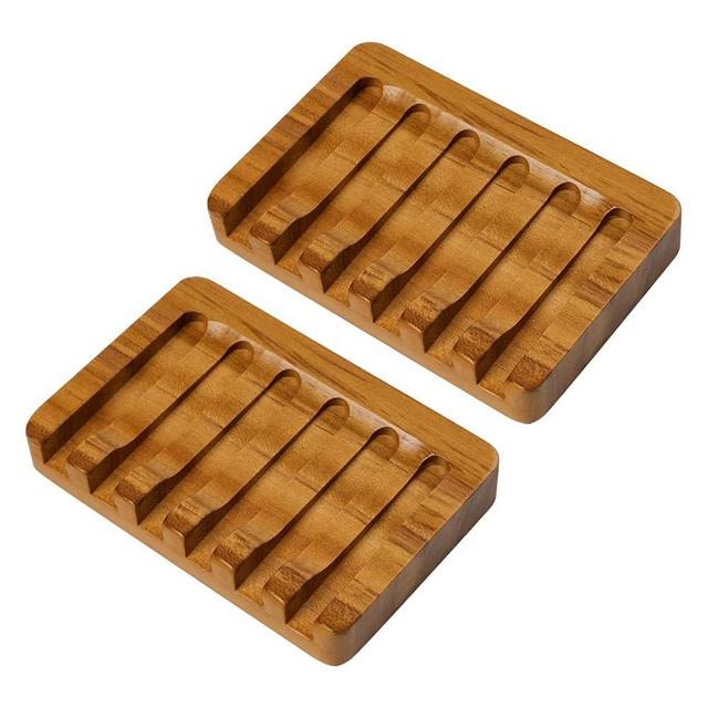 SAMEBUTECO Teak Wooden Soap Holder - 2 Pack, Self Draining Tray, Waterfall Drain, Soap Saver for Bathroom Shower and Bar Soap with Gift Box