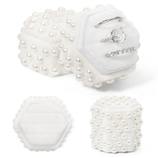CEELGON Pearl Velvet Ring Box 3 Slots Jewelry Ring Box with Pearl Wedding Decor Bridal Photography Engagement Gift (White Hexagon)