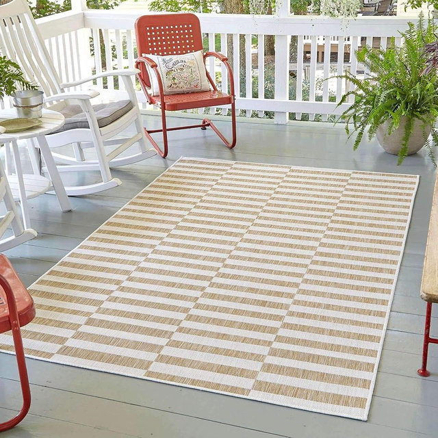 Unique Loom Outdoor Collection Classic Stripes, Transitional Indoor & Outdoor Area Rug 8' 0" x 11' 0", Light Brown/ Ivory