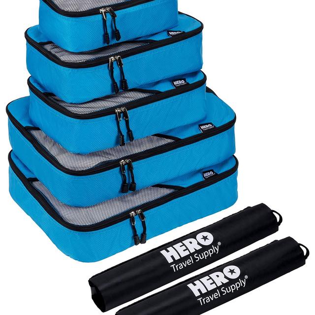 HERO Packing Cubes (5 Set) - Travel Organizers with 2 Bonus Laundry Bags - Includes Ebook on How To Pack A Suitcase by Asher & Lyric