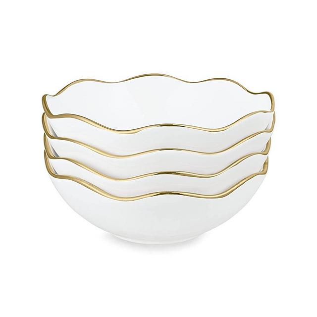 fanquare 16oz Vintage White Pasta Bowls Set of 4, Porcelain Salad Bowls, 7" Kitchen Serving Bowls, Cereal Bowls with Gold Trim