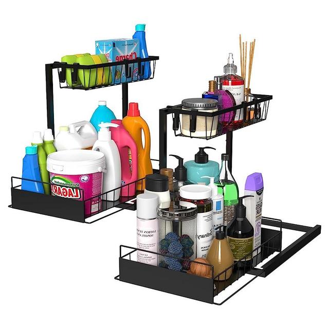 Bukfen Under Sink Organizer,Height Adjustable Pull Out Cabinet Organizer 2-Tier Slide Out Sliding Shelf Under Cabinet Storage Multi-Use for Under Kitchen Bathroom Sink Organizers and Storage,2 Pack