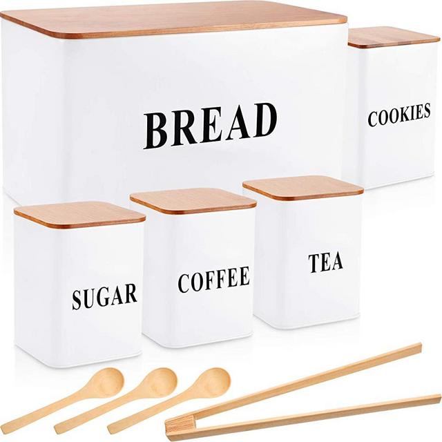 Kitchen Canister Set Includes Metal Bread Bin Storage Canister Tins, 4 Pieces Food Storage Containers for Coffee Tea Sugar Cookies, 3 Pieces Wooden Spoon and Food Tong for Home Kitchen