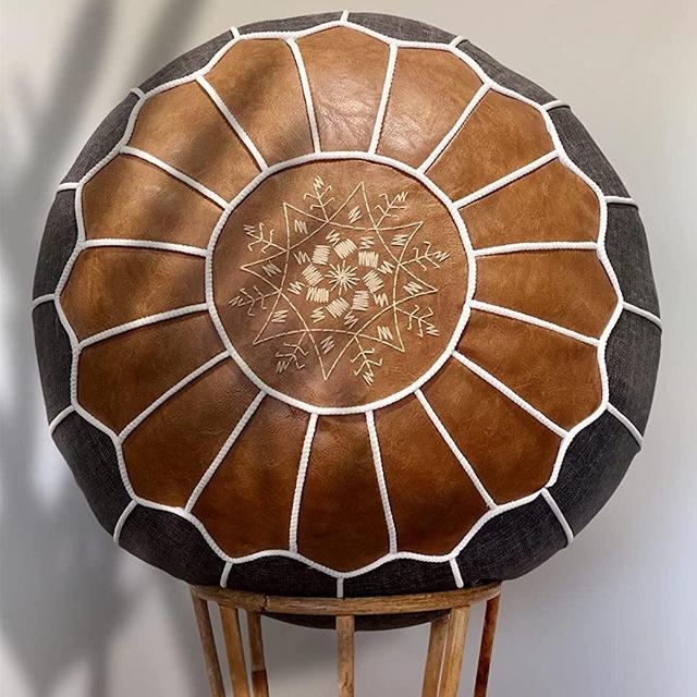 Moroccan Pouf- Vegan Leather- Boho Living Room Decor- Ottoman Footstool- Round & Large Pouf- UNSTUFFED (Brown/ Gray)