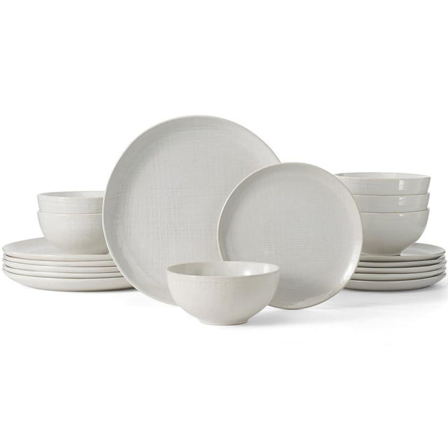 Famiware Moonlight Plates and Bowls Sets, 18 Piece Stoneware Dinnerware Set with Linen Finish, Handmade Dishware set for 6, Microwave and Dishwasher Safe, Scratch Resistant Tableware, White