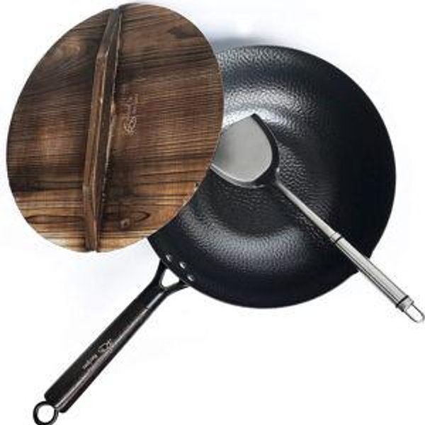 Souped Up Recipes 12.5 Inch Carbon Steel Wok For Electric, Induction and Gas Stoves (Lid, Spatula and User Guide Video Included)