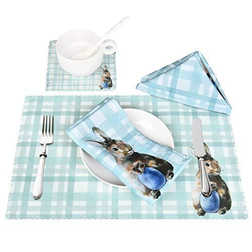 Fascidorm Set of 4 Easter Plaid Placemats with Dinner Cloth Napkins and Easter Costers, Happy Easter Table Mats Buffalo Plaid Placemats Cotton Linen Rectangular Placemat for Dinning Table