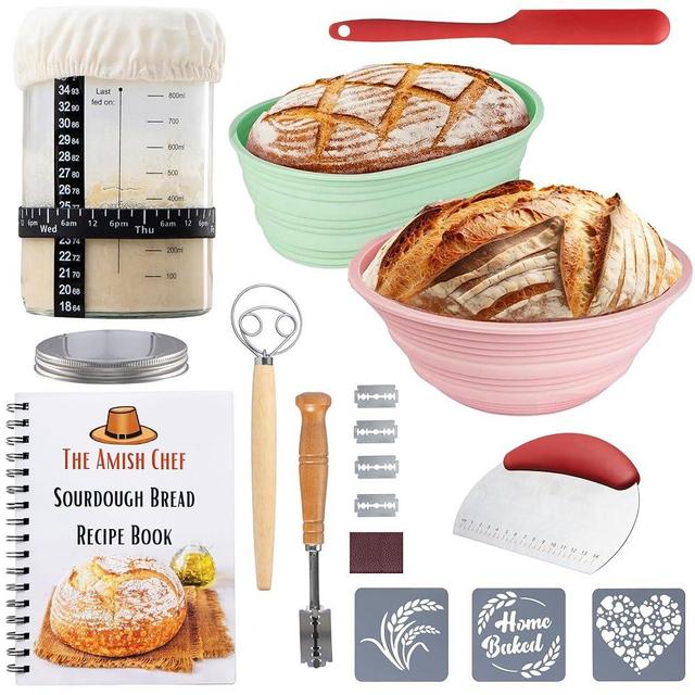 Complete Sourdough Bread Starter Kit, Glass Sourdough Starter Jar Kit & Tons of Sourdough Bread Baking Supplies - Sourdough Starter Kit Includes Sourdough Jar, Silicone Bread Proofing Bread Bowl