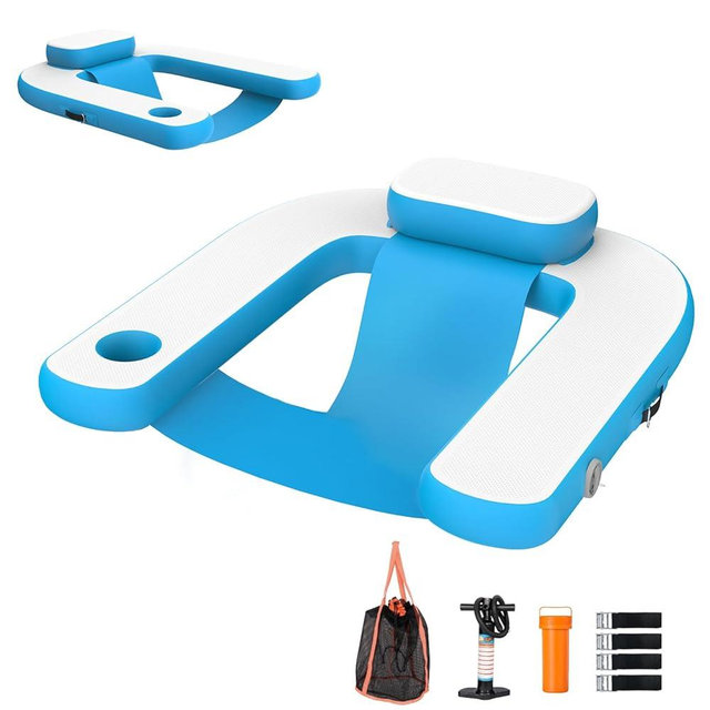MEIGESI Adults Inflatable Pool Float Chair, Floating Lounger with Cup Holder & Headrest, 3 D-Ring Handles, Spacious Deep Seat Fits All Body Types, Inflatable Lounger for Pool/Beach/Lake | Blue