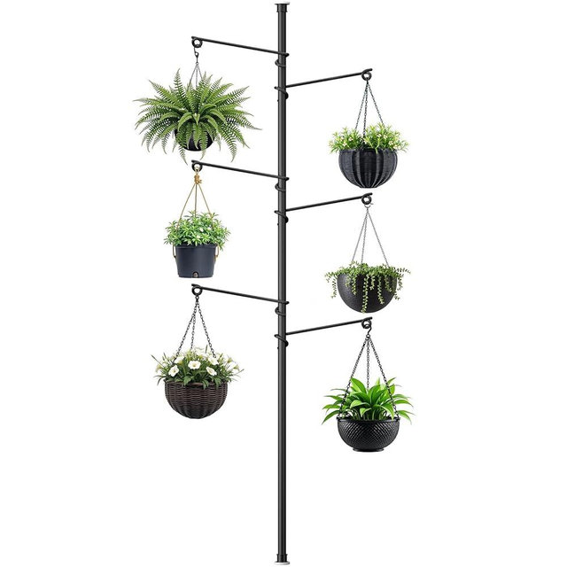 Zononoca Tension Rod Plant Stand, Plant Poles for Hanging Plants Indoor, Metal Floor to Ceiling Hanging Plants Stand, Tension Pole Plant Stand with 6 Hooks (Fit 3.6-10ft)