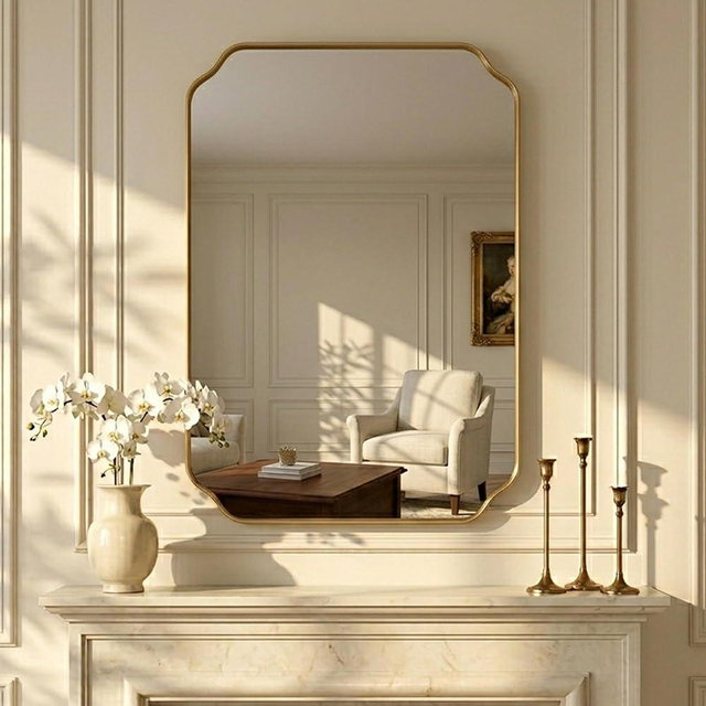 VIWILII Gold Wall Mirror 32"x24", Scalloped Edge Vanity Mirror - Hangs Vertically/Horizontally Decorative Bathroom Mirror for Vanity, Bedroom & Entryway, Aesthetic Bathroom Decor