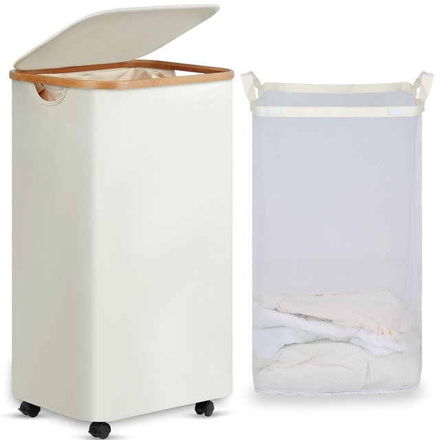 efluky Laundry Basket with Wheels, Tall Rolling Laundry Hamper with Lid and Removable Bag, Aesthetic Dirty Clothes Hamper on Wheels for Laundry Room, Bedroom, Dorm and Bathroom, 100L Beige