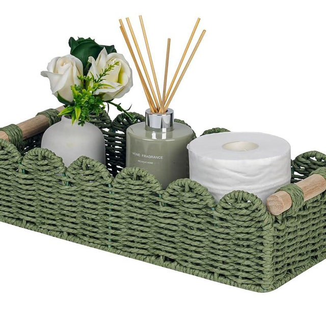 CubesLand Toilet Paper Storage Basket Scalloped Edge Home Decor Green Basket, Living Room Cozy Decor, Paper Rope Small Baskets for Over Toilet Storage Shelf, End Table, Shelves, with 2 Wooden Handles