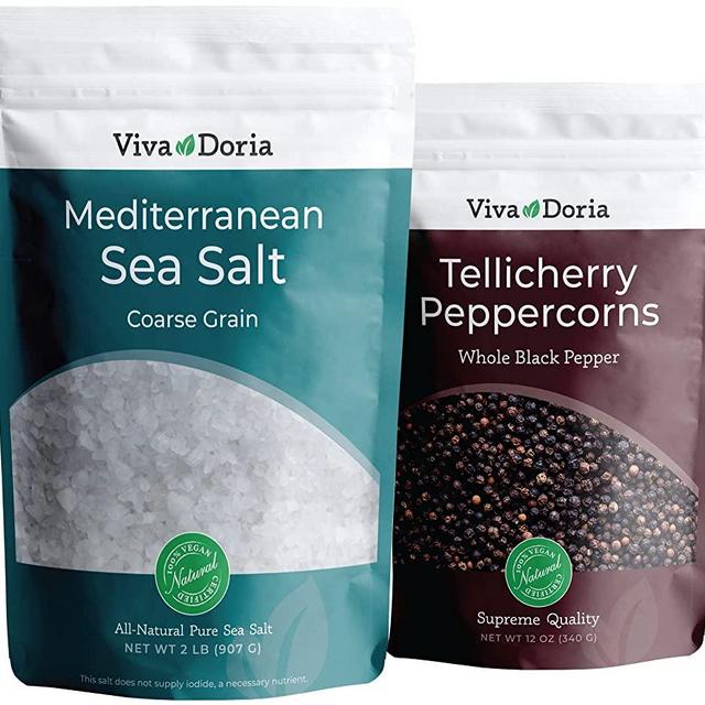 Viva Doria Tellicherry Black Peppercorn, Whole Black Pepper, Black Peppercorns, 12 Oz and Mediterranean Sea Salt, Coarse Grain, 2 lb, For Grinder Refills (2 Set)