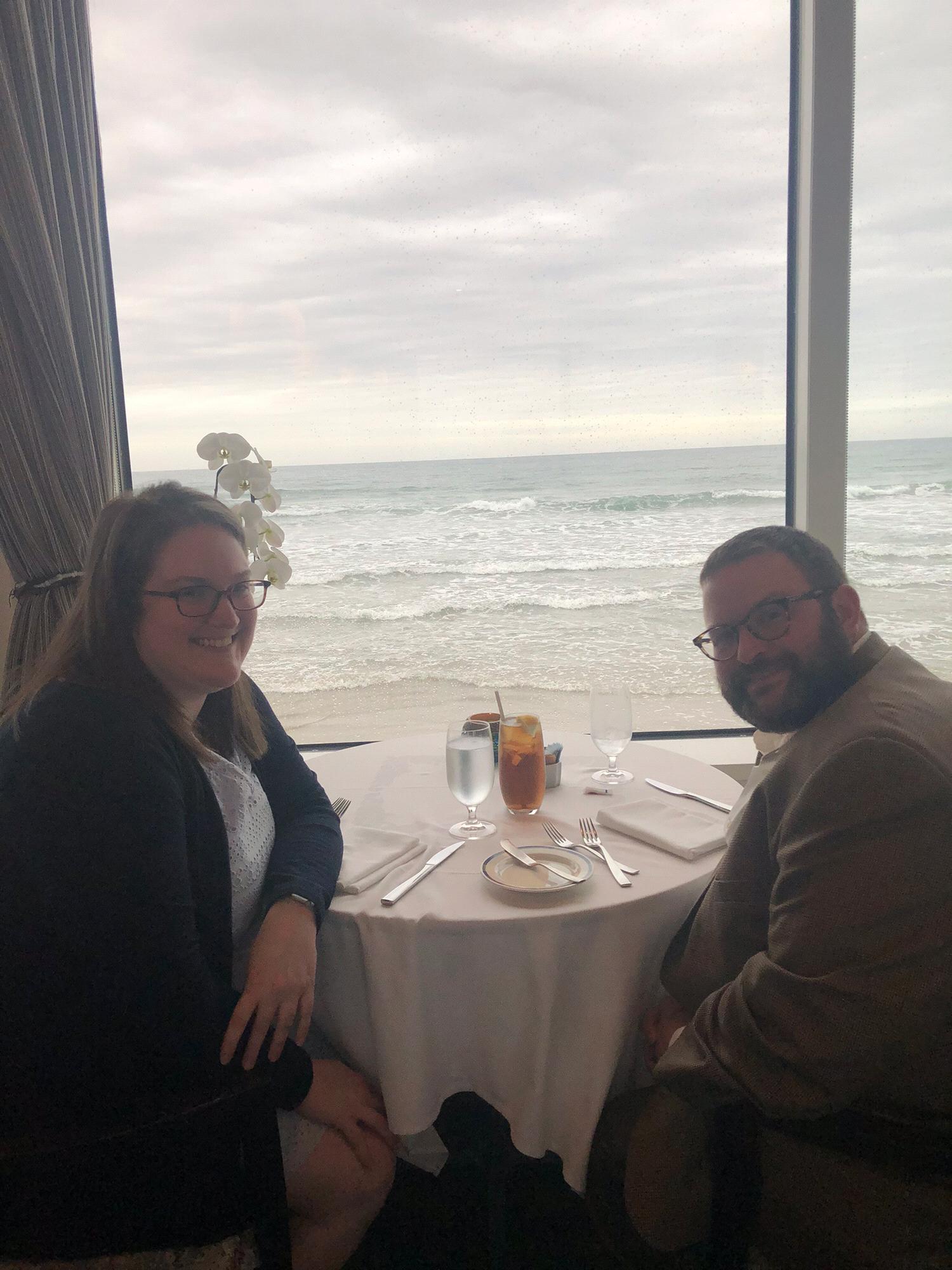 Valentine's Day Dinner at the Marine Room in La Jolla, California, literally sitting on the beach. Megan's watch read their location as the Pacific Ocean!