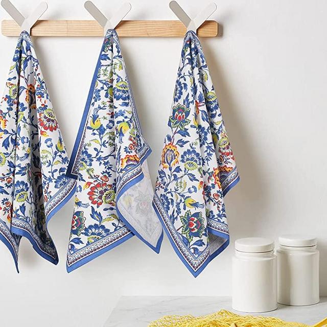 Kitchen Dish Towels, 100% Natural Cotton, Set of 6 Multi-Purpose Kitchen Towels, Very Soft, Highly Absorbent, Tea Towels for Kitchen Décor 20X30 (Blue Floral)