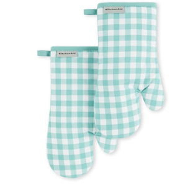 KitchenAid Gingham Oven Mitt 2-Pack Set, Aqua Sky, 7"x13"