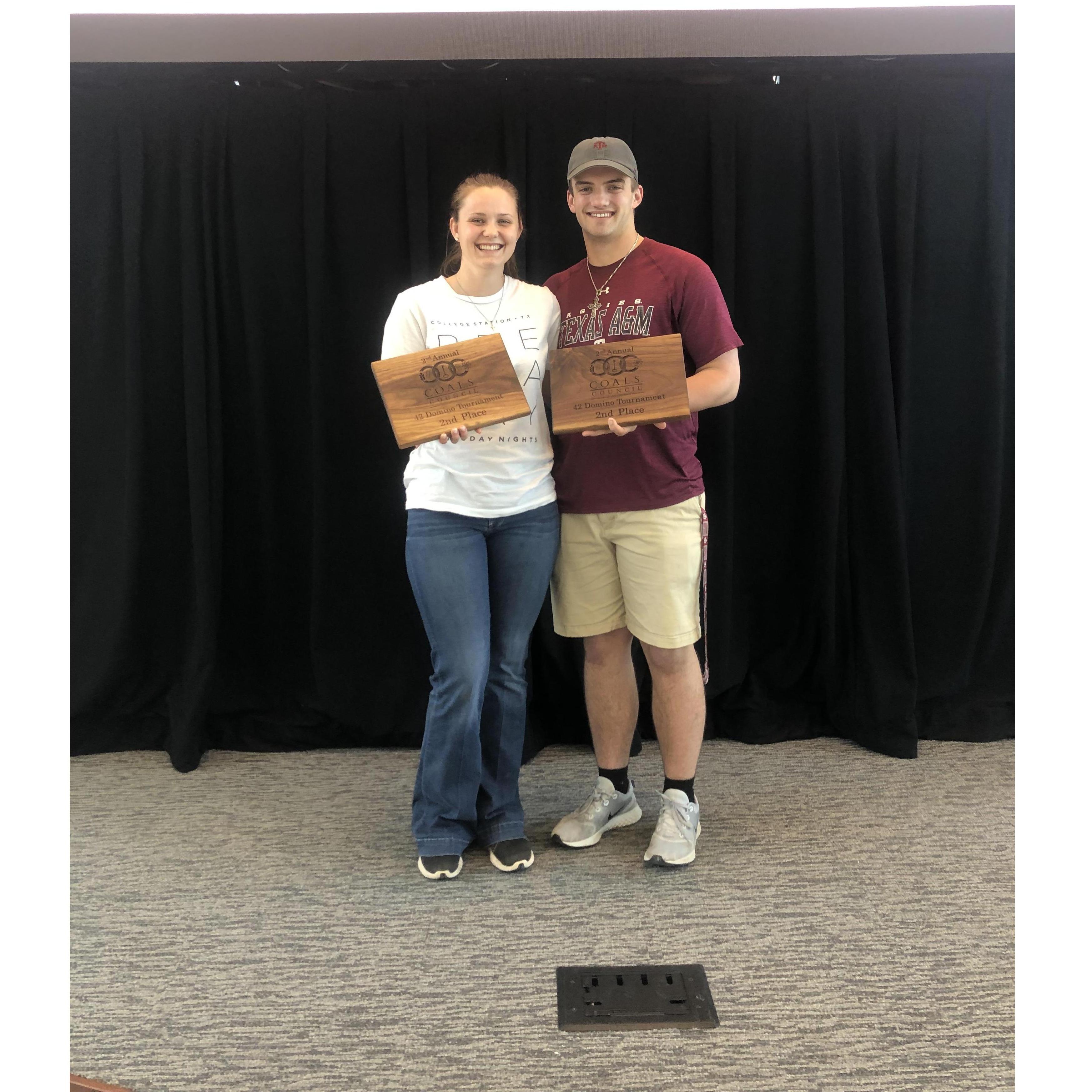 We won 2nd at a 42 domino tournament.