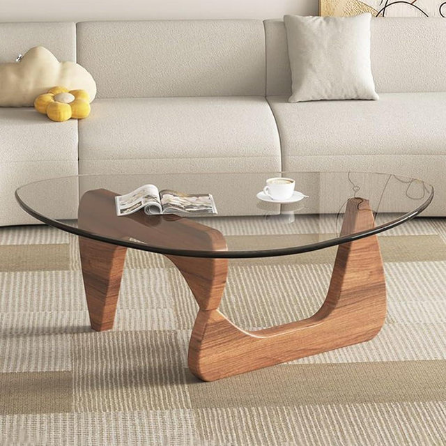 Coffee Tables for Living Room - Triangle Glass Coffee Table with Wooden Base Mid-Century Modern Abstract End Table for Study Room Office Hotel Balcony (Walnut transparent, Medium 35.8 * 25.5 * 16in)